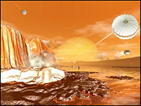 Nasa artist's impression of a methane waterfall on Titan